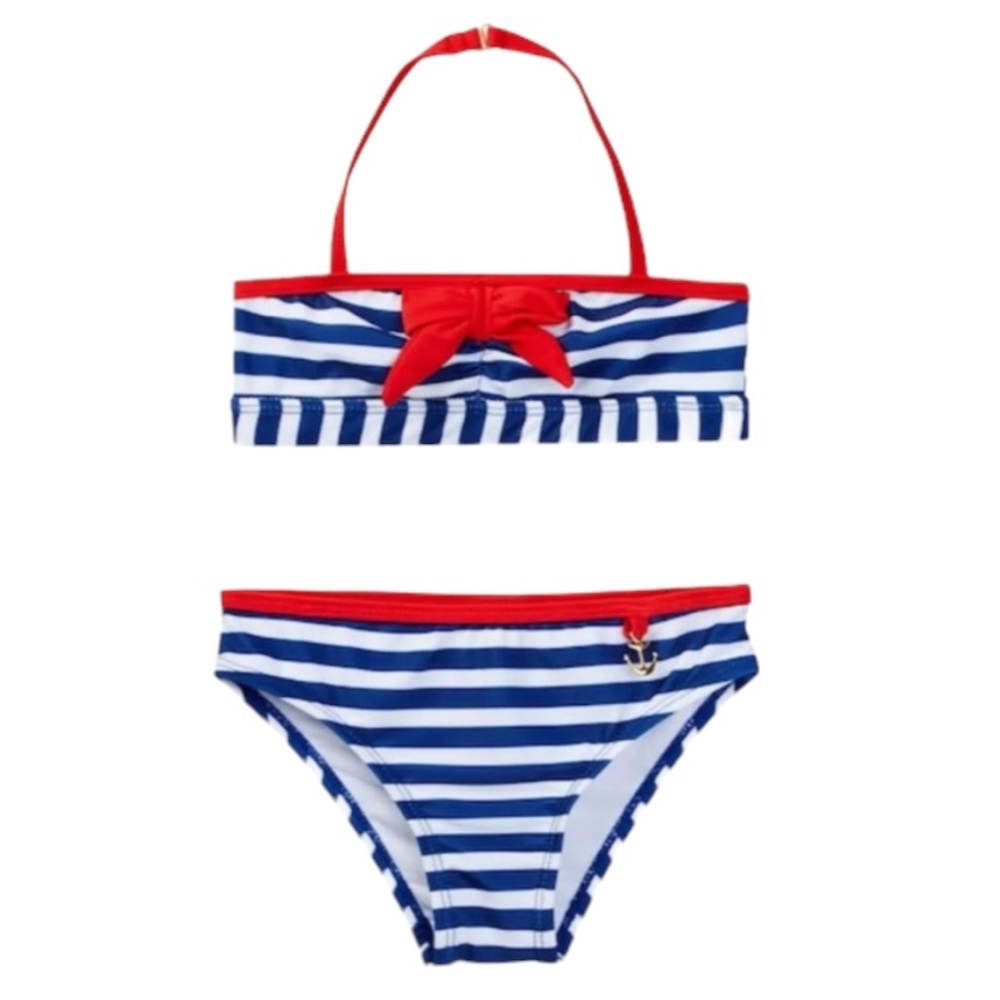 Jantzen Big Girl 14 Bikini Bandeau Top + Bottoms Patriotic Anchor Charm Stripes